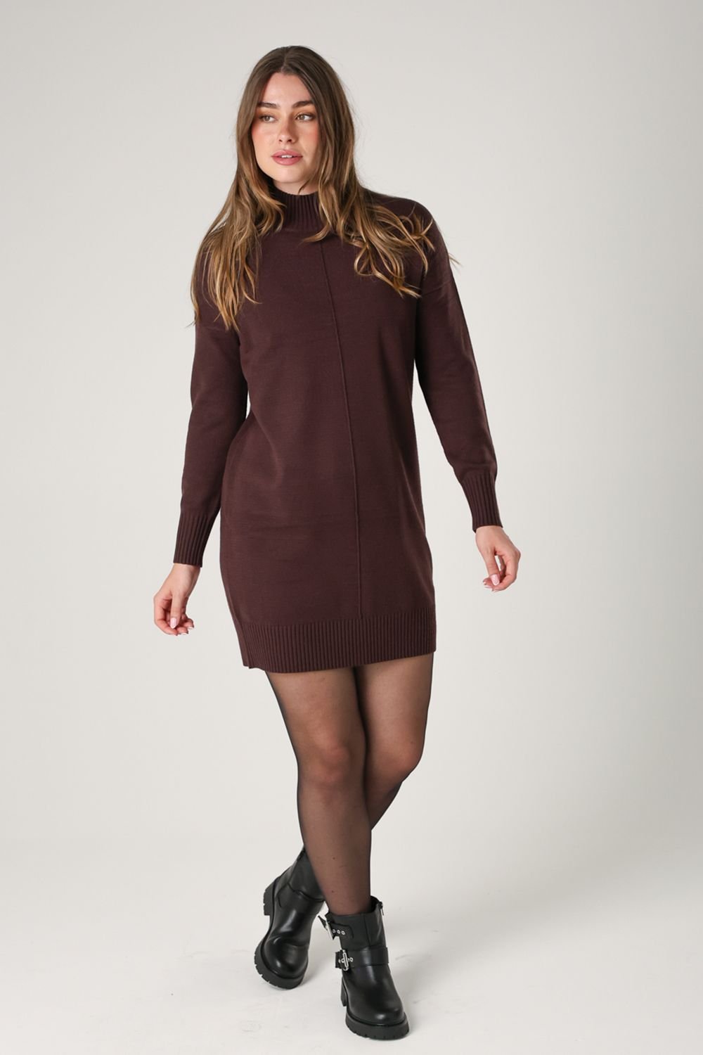 French Connection French Connection Women's Cosy Soft Touch High Neck Seam Jumper Mini Dress in Brown - 3