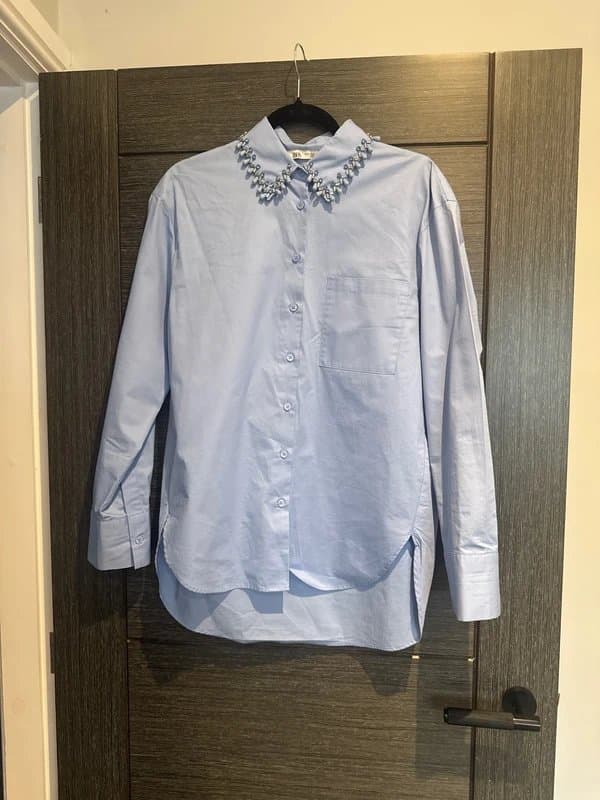 Zara Zara cotton poplin shirt, embellished sequin collar, light blue xs