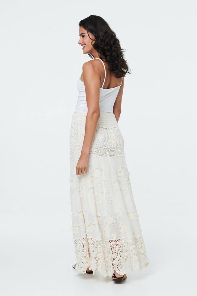 Izabel London Izabel London Women's Crochet Texture High Waist Maxi Skirt in Beige - 3