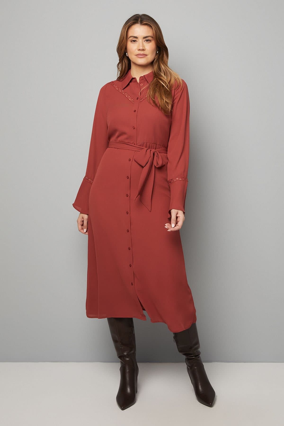 Wallis Wallis Women's Lace Insert Shirt Midi Dress in Tobacco