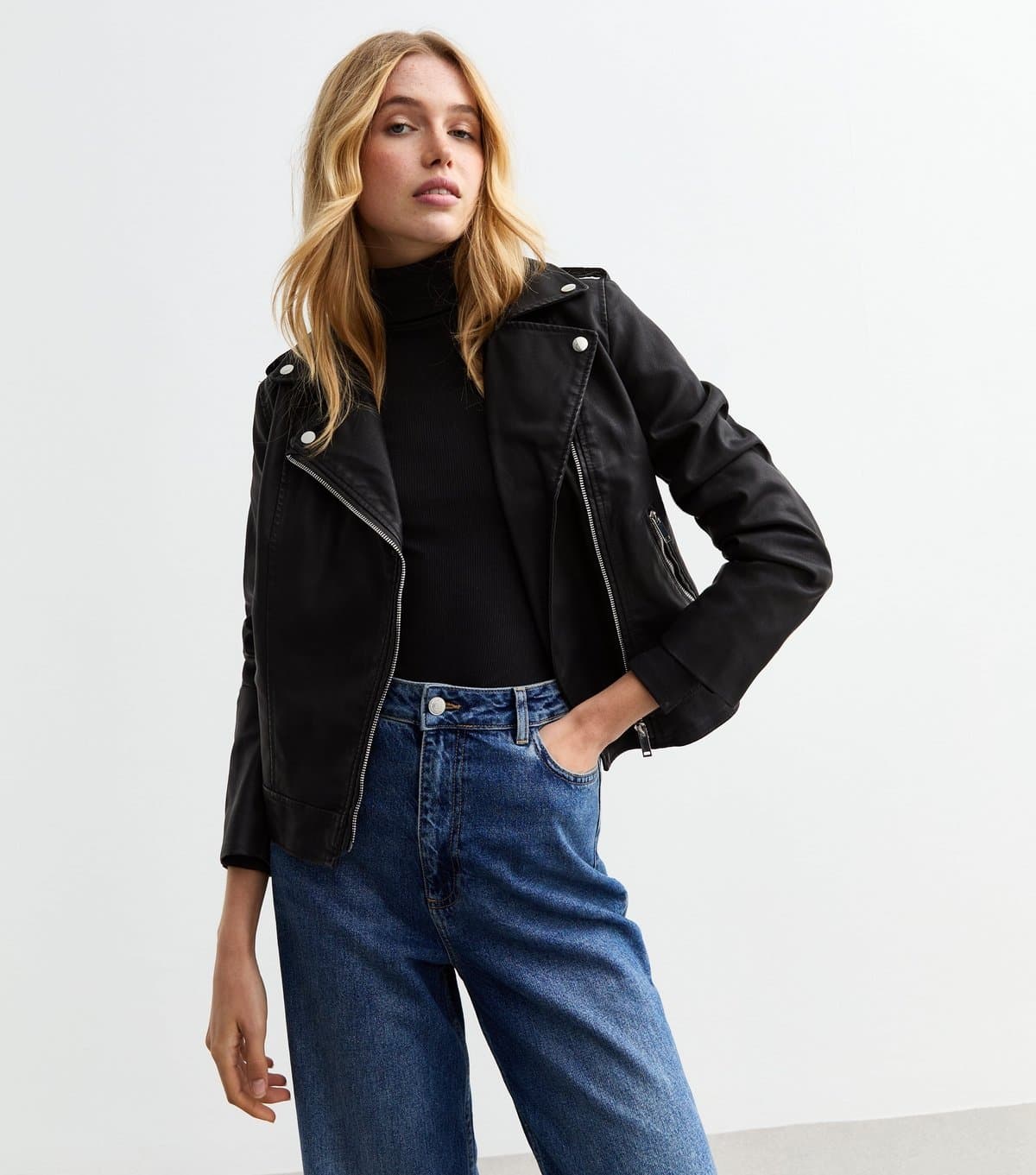 New Look Women's Black Leather-Look Biker Jacket New Look
