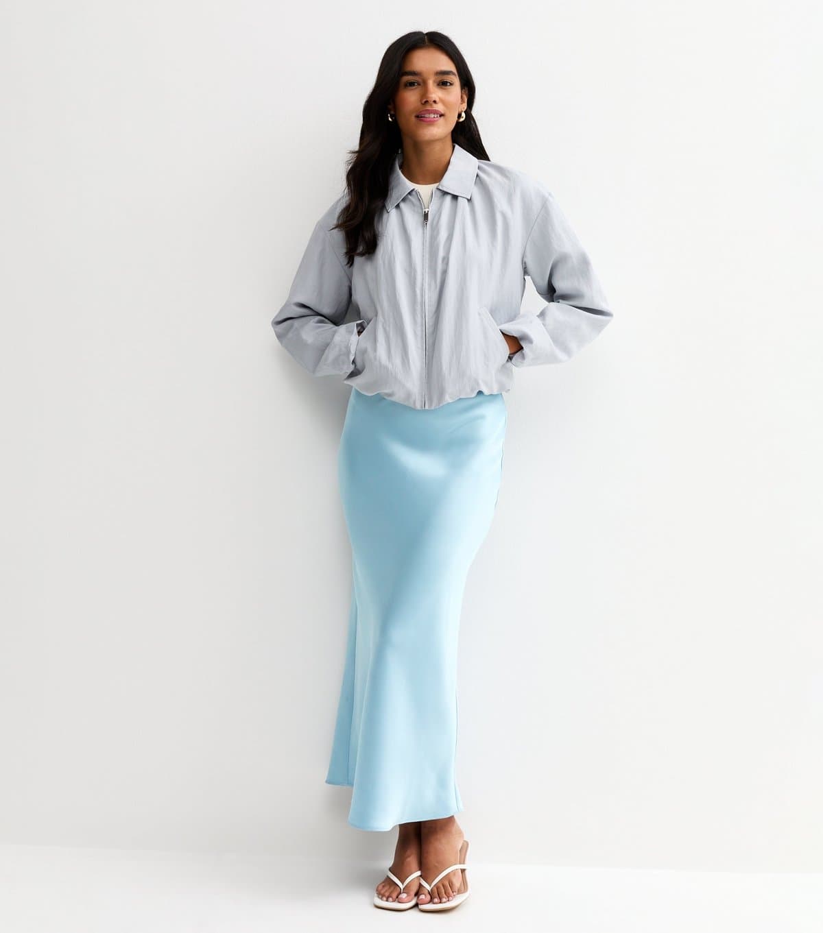 New Look Women's Light Blue Satin Bias Cut Midi Skirt New Look