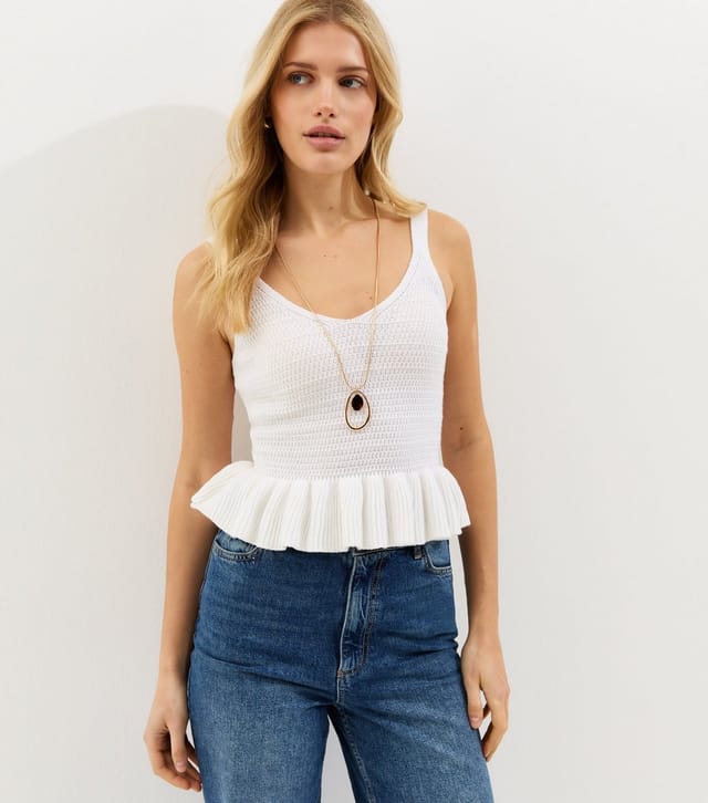 New Look Women's White Cotton Rich Textured Knit Peplum Cami Vest New Look - 2