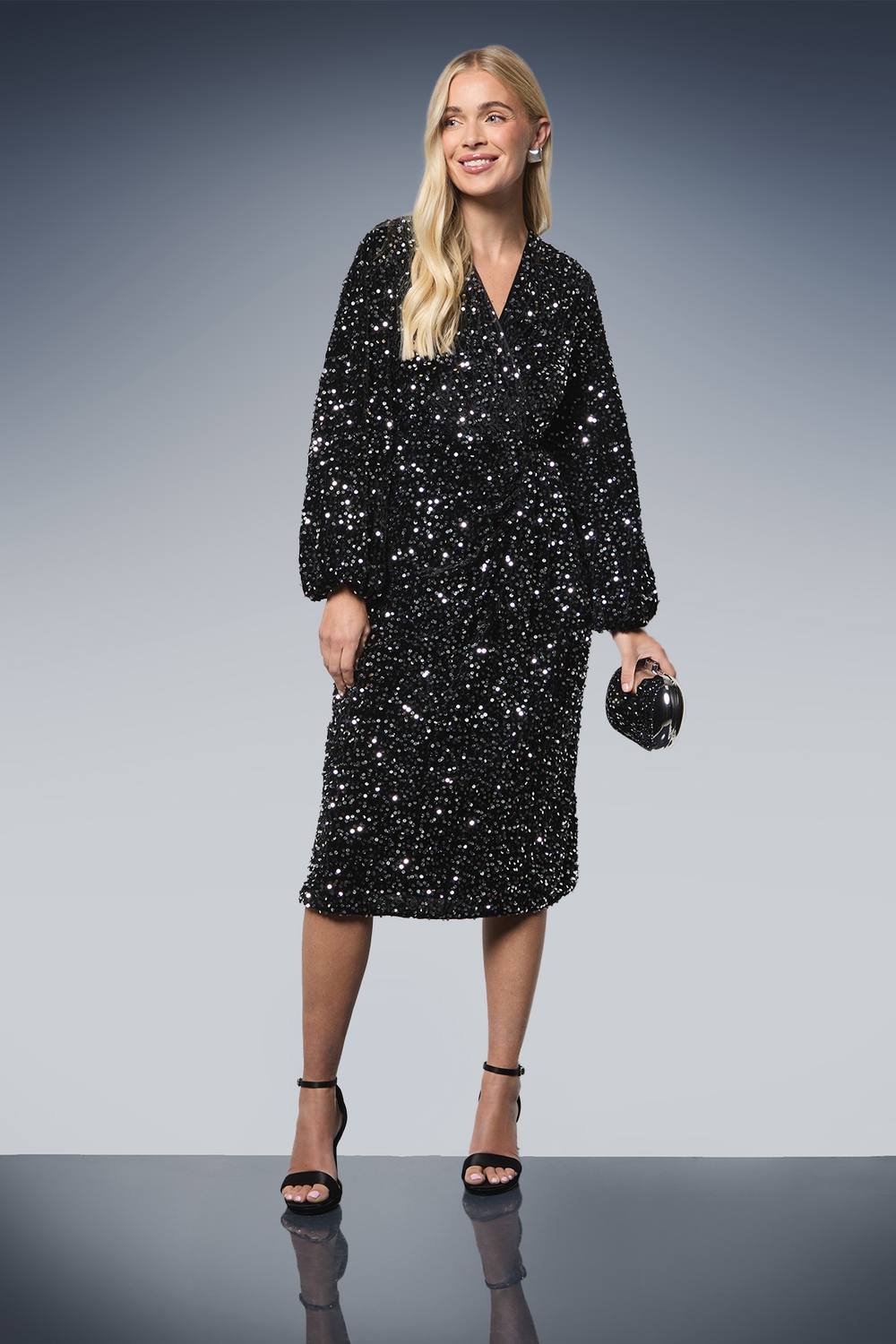 Wallis Wallis Women's Petite Sequin Velvet Midi Dress in Black - 2