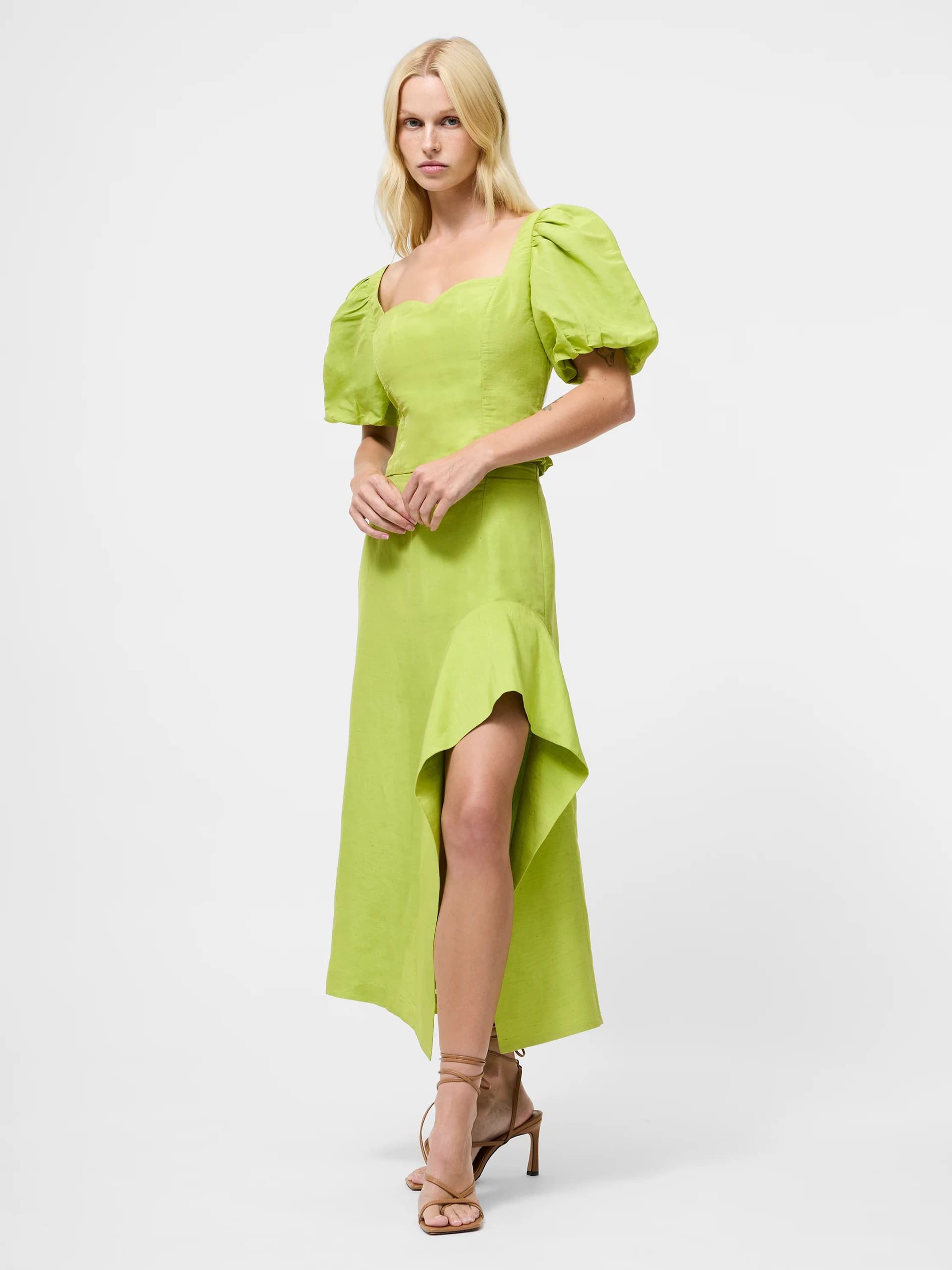 French Connection Islay Linen Ruffle Midi Skirt Cactus Green