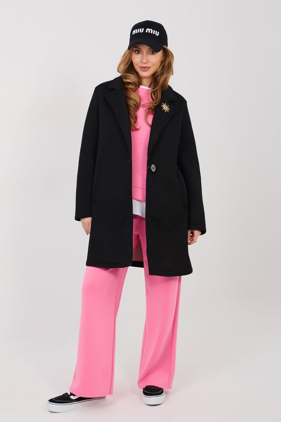 Love Lace Love Lace Black Stretch Coat with Brooch