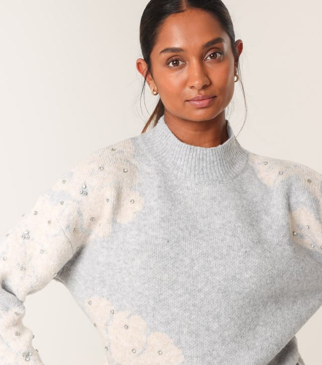 Blue Vanilla Women's Grey Floral Pattern Embellished Jumper Blue Vanilla New Look - 3