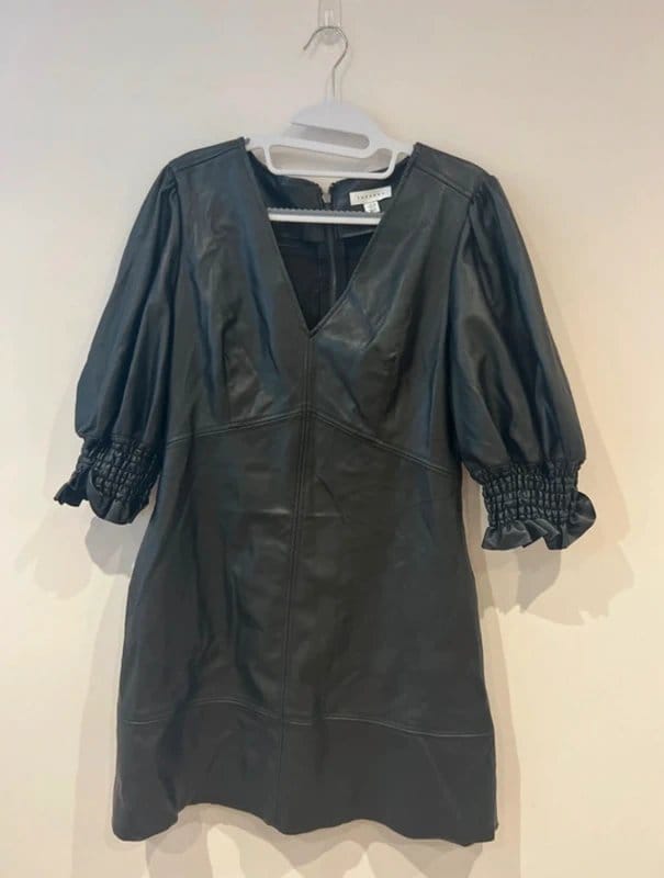 Topshop Black Faux Leather V-Neck Puff Sleeve Mini Dress