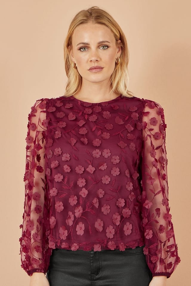 Yumi Yumi Women's Burgundy Sheer Sleeve Applique Flower Top - 2