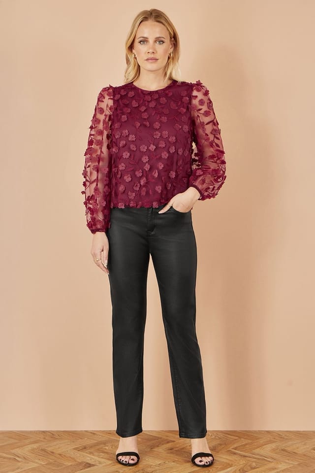 Yumi Yumi Women's Burgundy Sheer Sleeve Applique Flower Top - 3