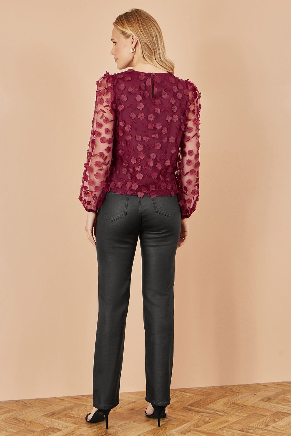Yumi Yumi Women's Burgundy Sheer Sleeve Applique Flower Top - 4