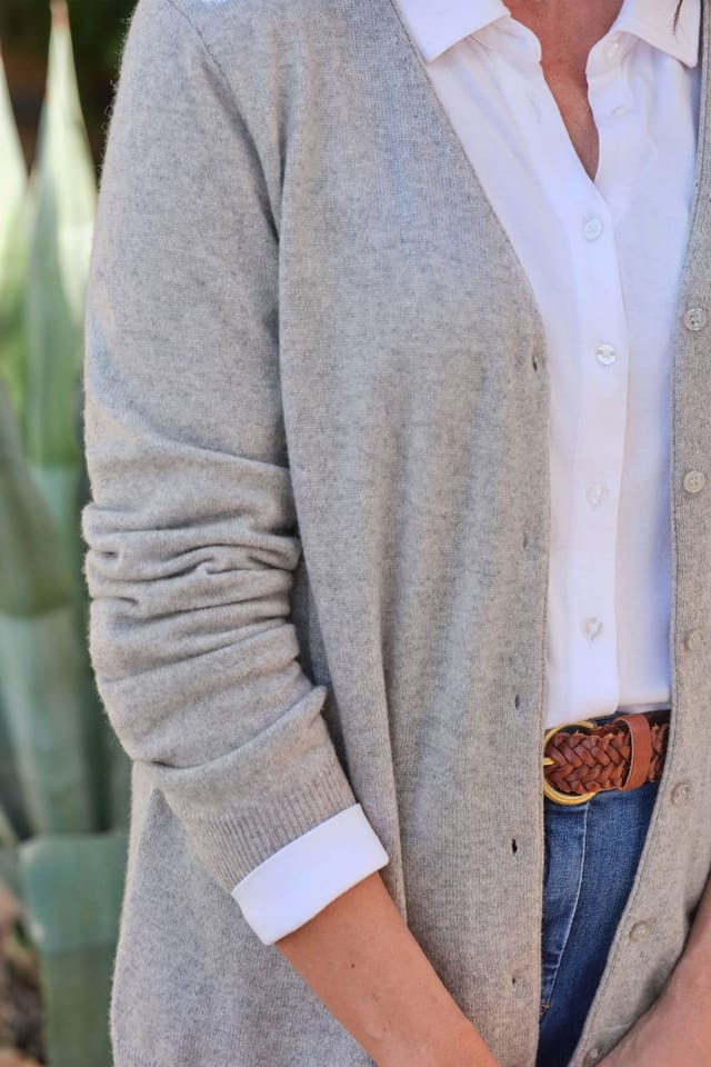 WoolOvers WoolOvers Women's Cashmere & Merino Classic V Neck Cardigan in Light Grey - 2