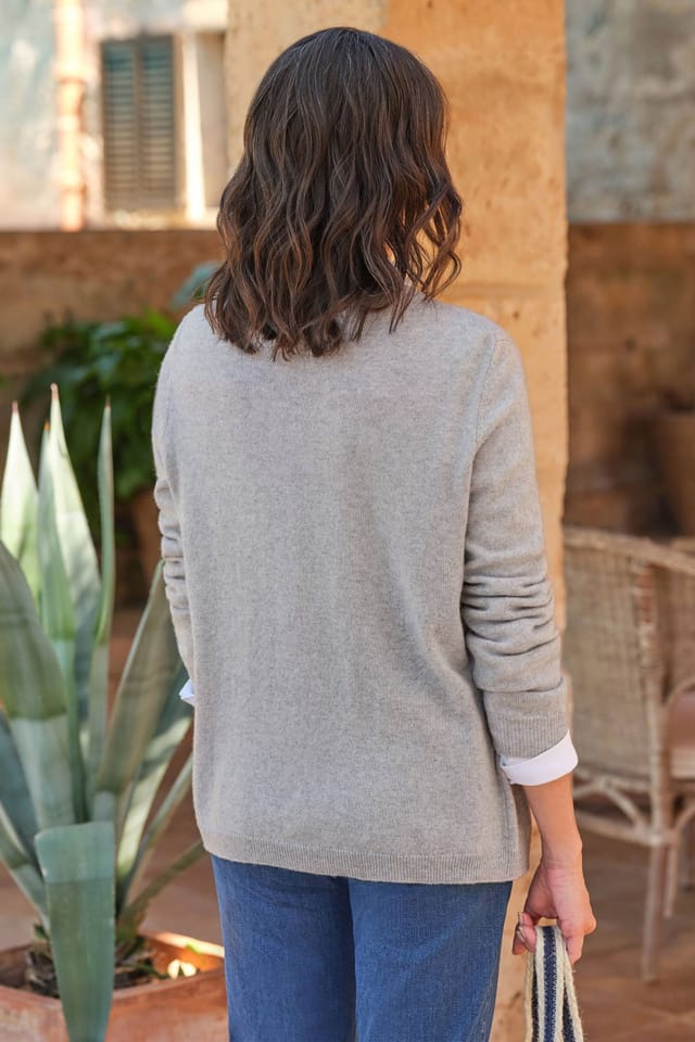 WoolOvers WoolOvers Women's Cashmere & Merino Classic V Neck Cardigan in Light Grey - 3