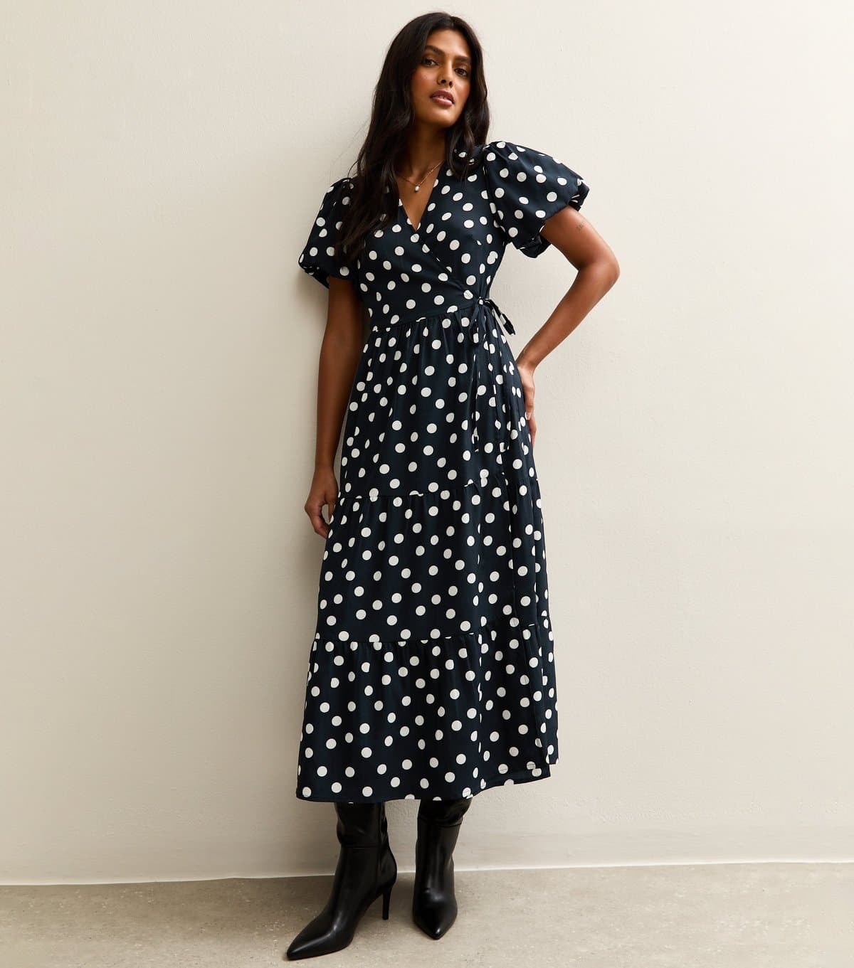 New Look Women's Blue Crepe Spot Print Wrap Midi Dress New Look