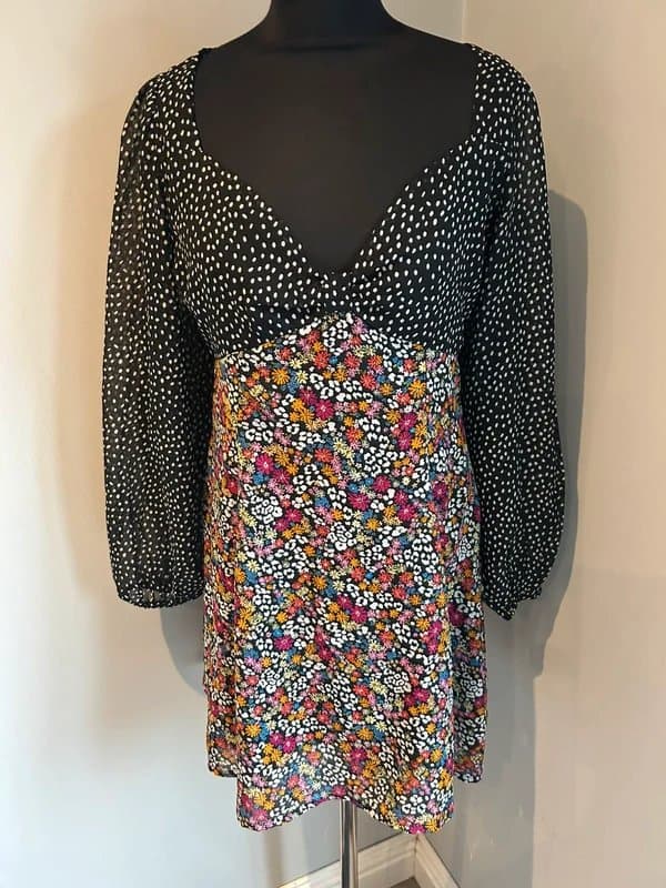 New Look New look black ditsy floral/spotty chiffon boho dress 10 (ref v50)