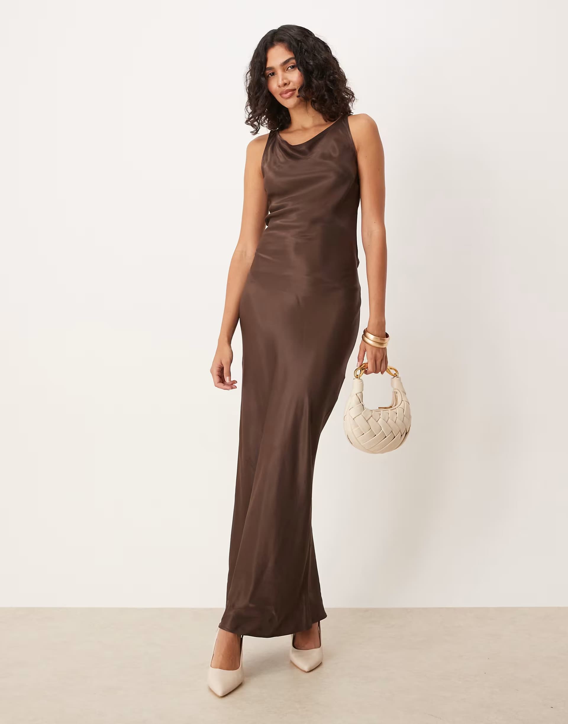 ASOS ASOS DESIGN satin tie back slash neck dress in chocolate