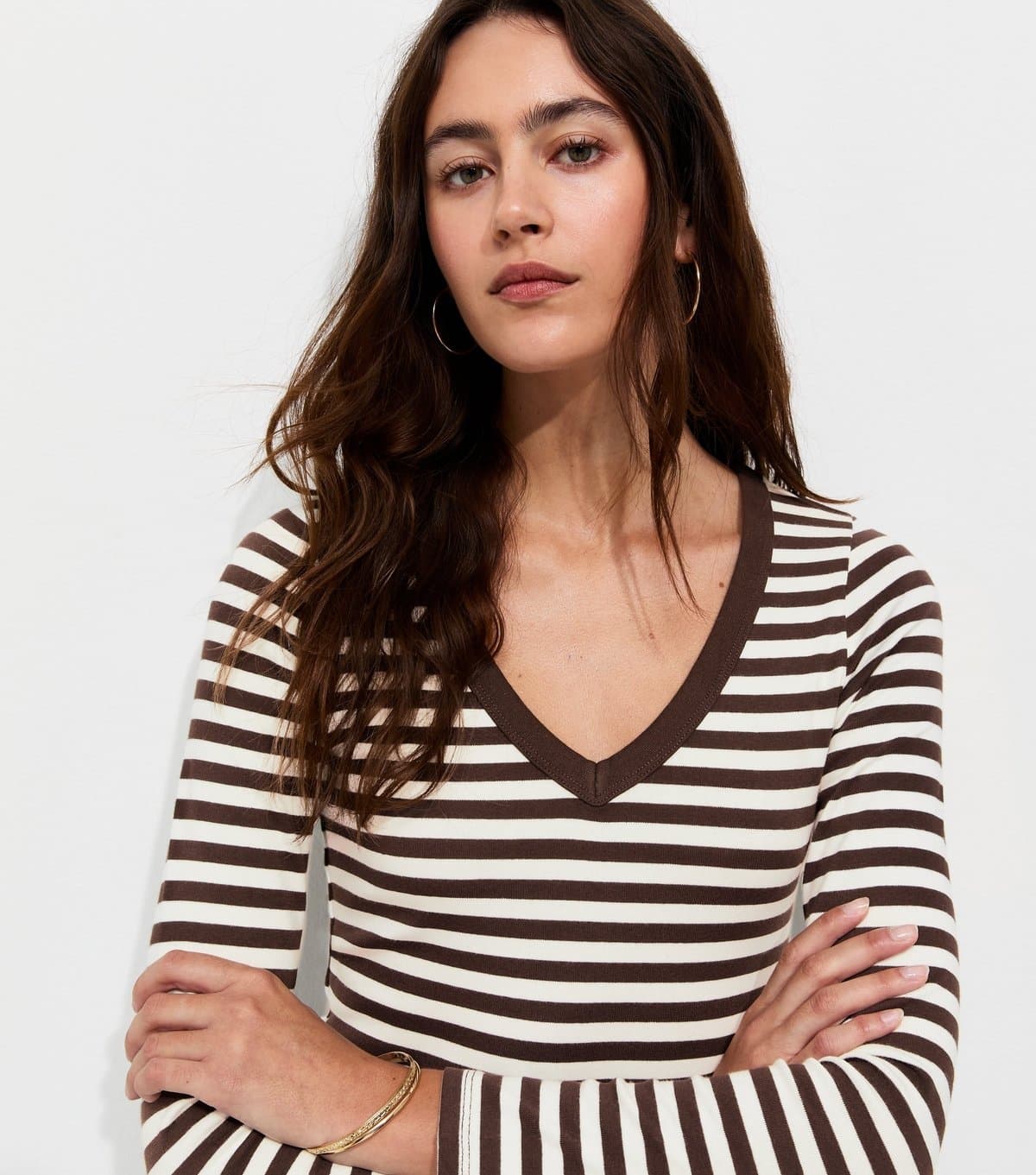New Look Women's Brown Cotton Rich Striped Long Sleeve V-Neck Top New Look