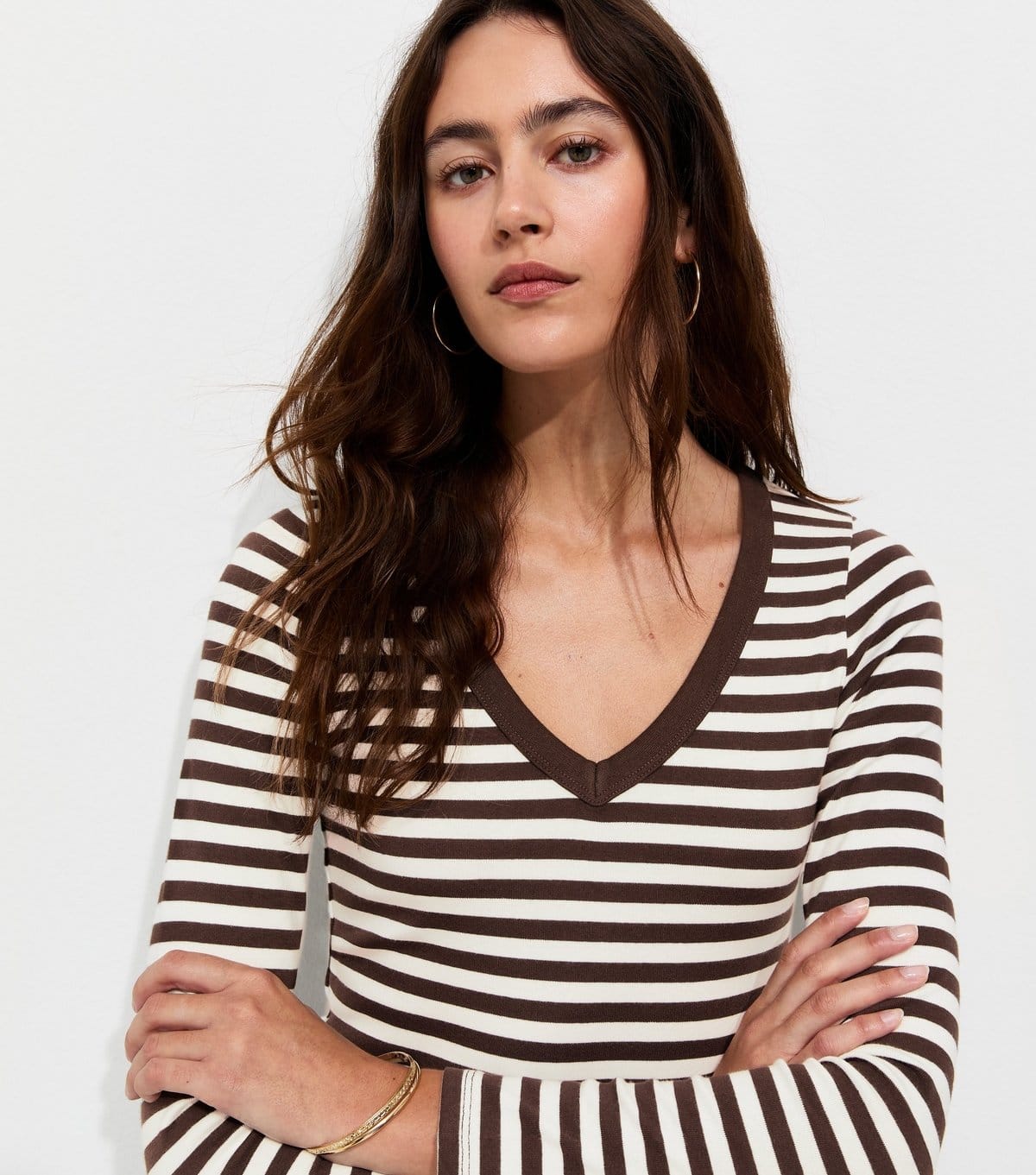 Women's Brown Cotton Rich Striped Long Sleeve V-Neck Top New Look