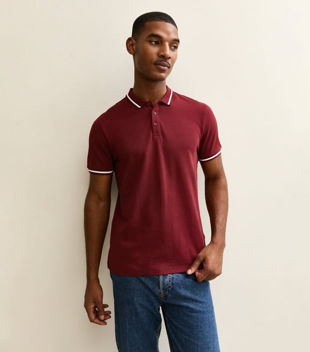 New Look Men's Light Burgundy Regular Contrast Tipping Pique Polo Top New Look - 2