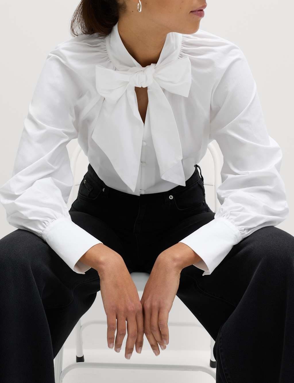 Marks & Spencer M&S Pure Cotton Pussy Bow Tie Neck Shirt Soft White