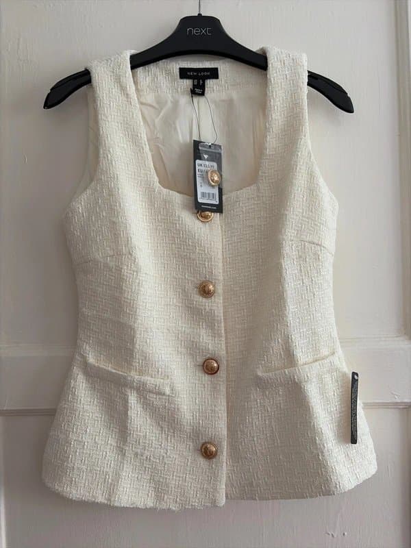 New Look Off white square neck boucle waistcoat