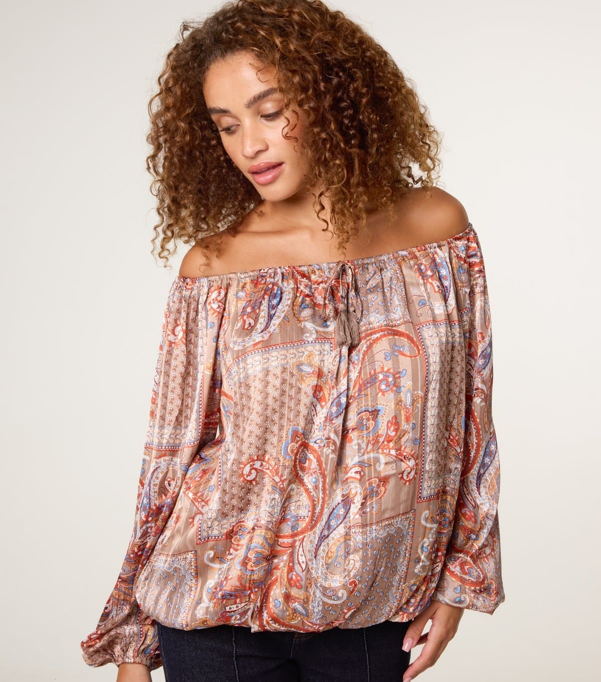 Blue Vanilla Women's Brown Paisley Print Bardot Puffball Hem Blouse Blue Vanilla New Look