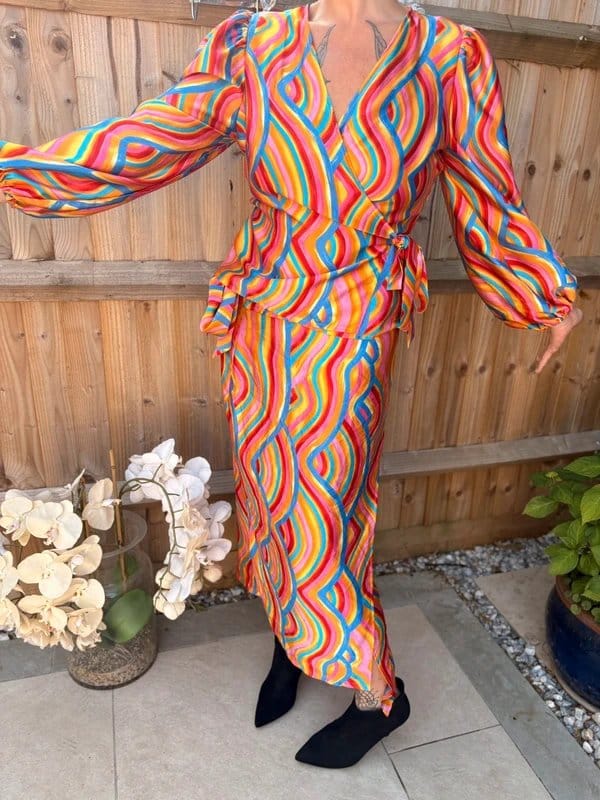 Never Fully Dressed Colorful Never Fully Dressed Satin Feel Wrap Top & Thigh Slit Skirt Set - 1