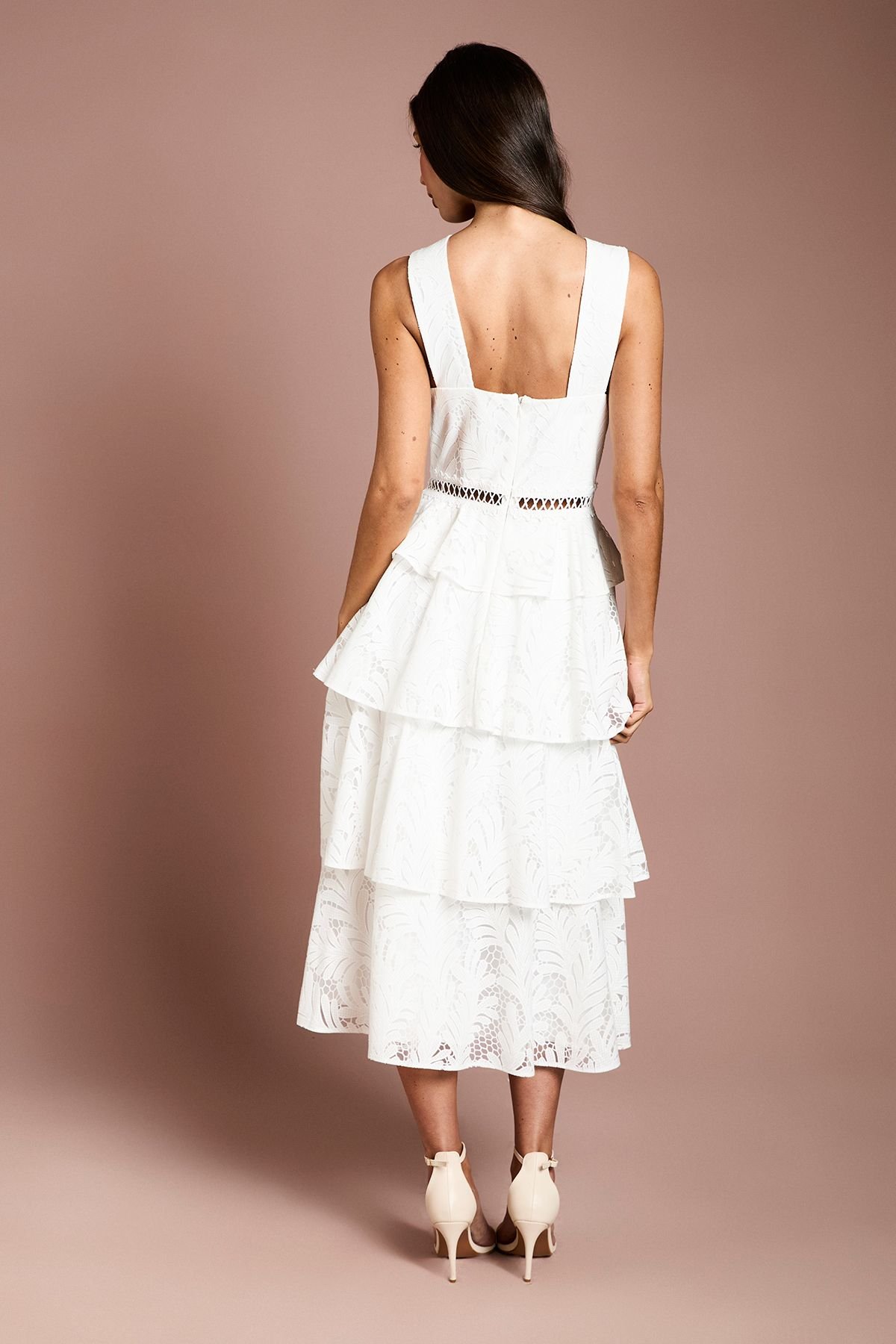 Coast Coast Women's Tiered Lace Cross Halter Neck Button Detail Midi Dress in Ivory - 3