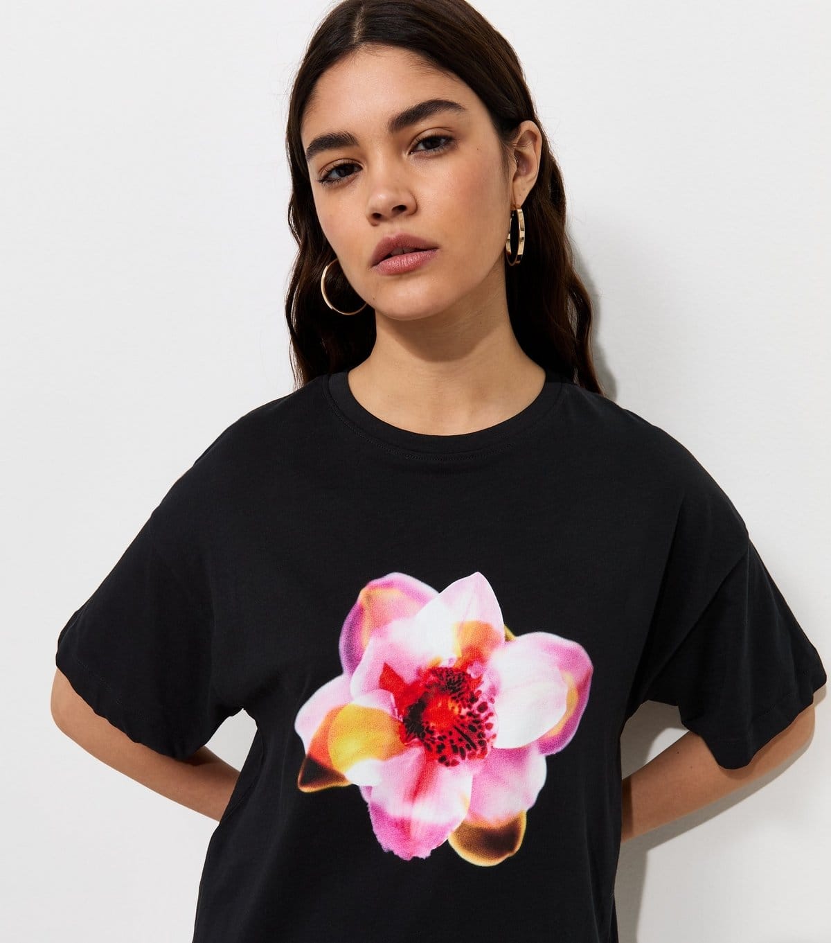 New Look Black Cotton Neon Flower Oversized T-Shirt