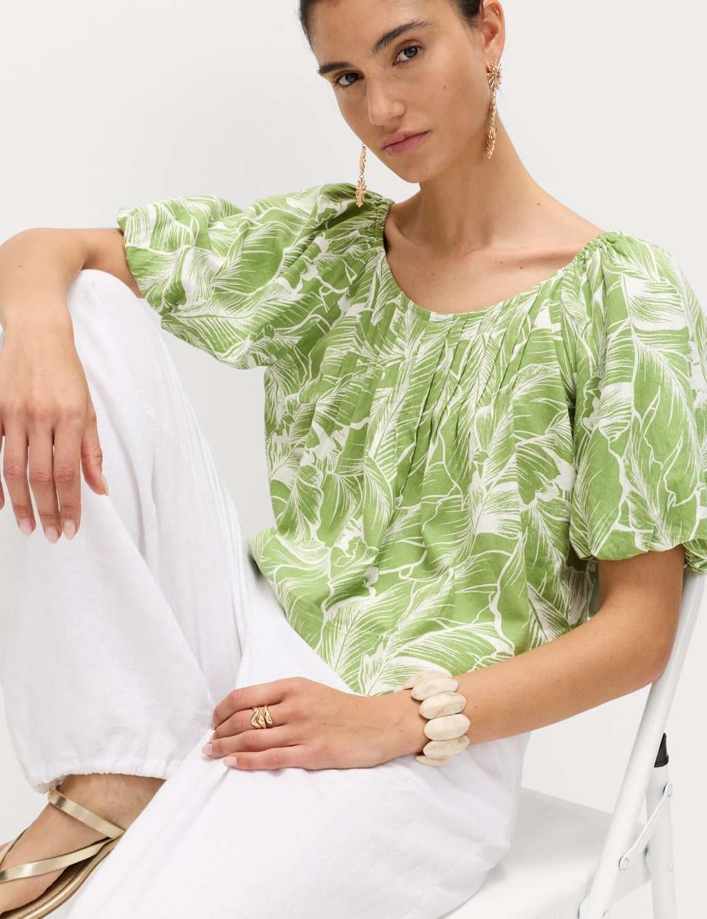 Marks & Spencer M&S Linen Rich Pleated Puff Sleeve Top Green Mix