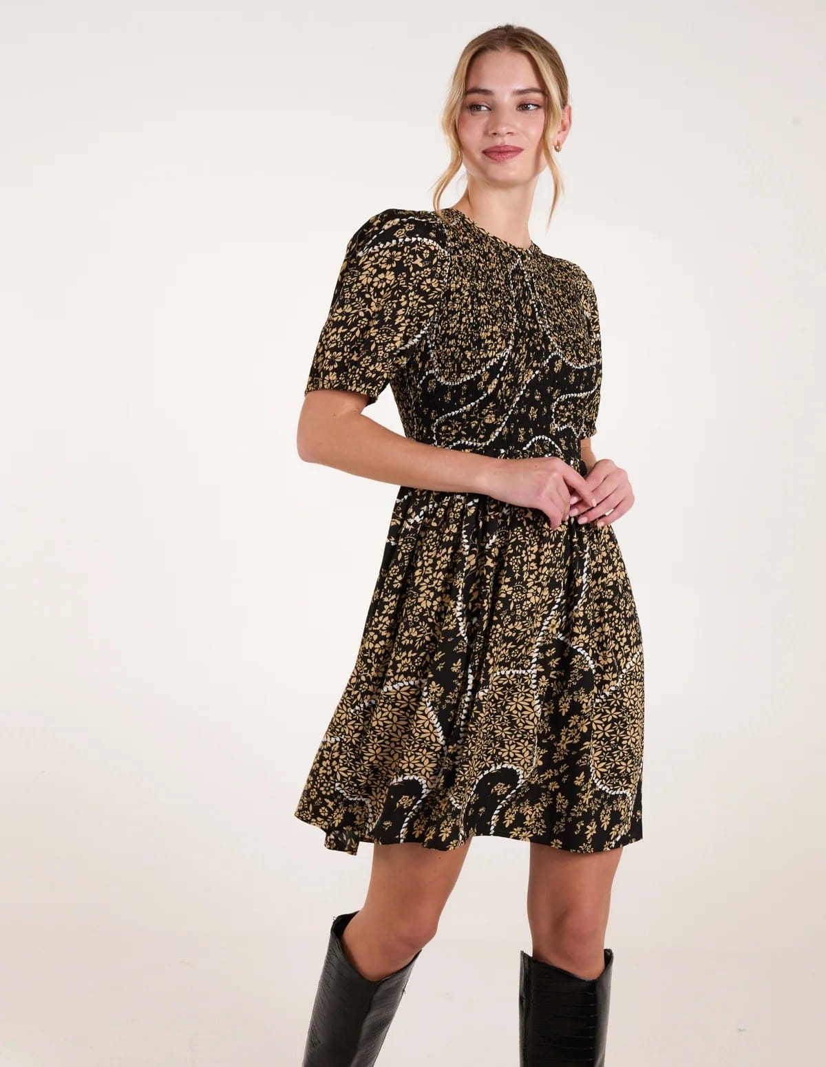 Blue Vanilla Shirred Front Puff Sleeve Mini Dress - 1