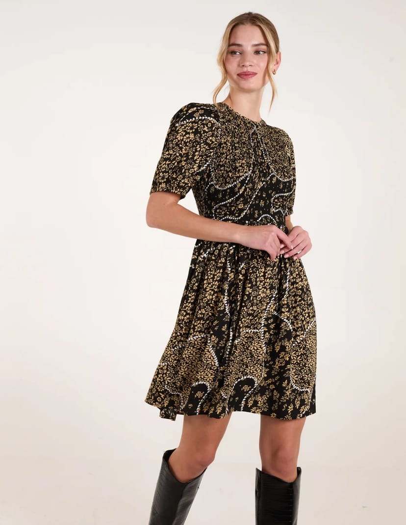 Blue Vanilla Shirred Front Puff Sleeve Mini Dress - 1