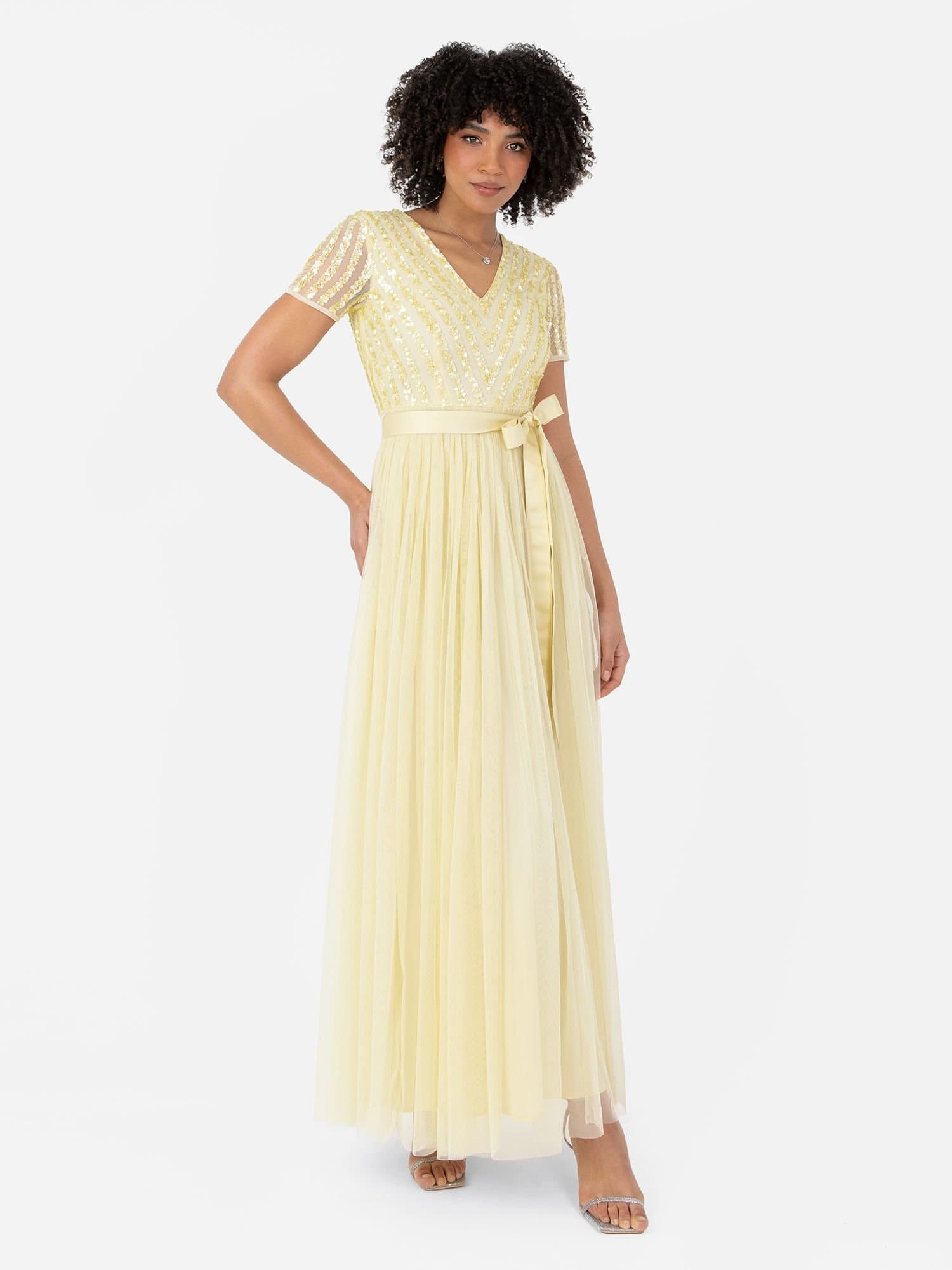 Maya Deluxe Maya Deluxe Women's Belted Stripe Embellished Maxi Dress in Yellow