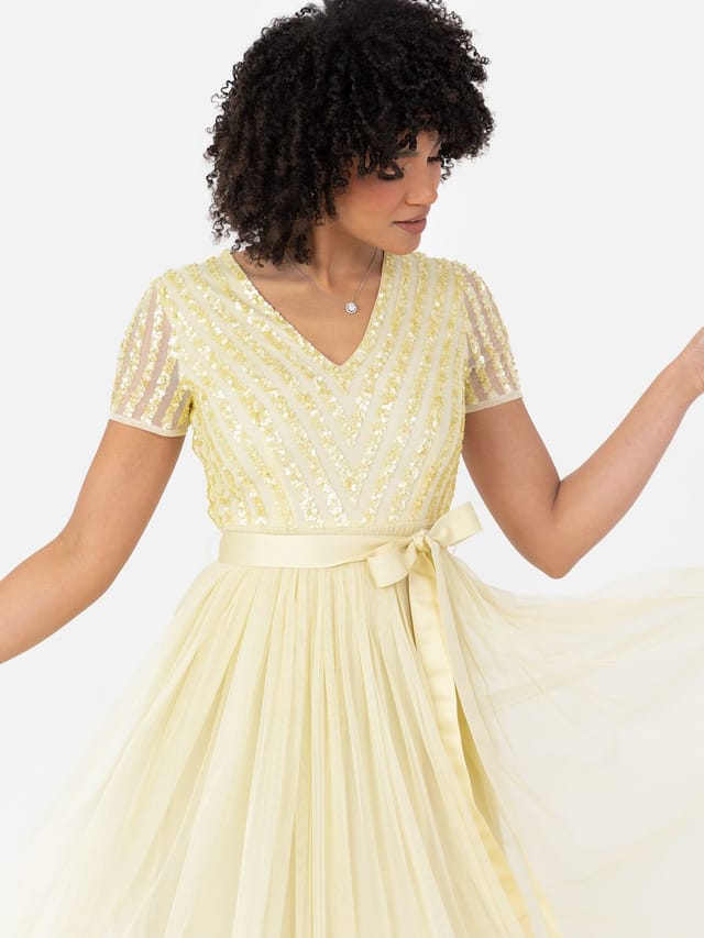 Maya Deluxe Maya Deluxe Women's Belted Stripe Embellished Maxi Dress in Yellow - 2