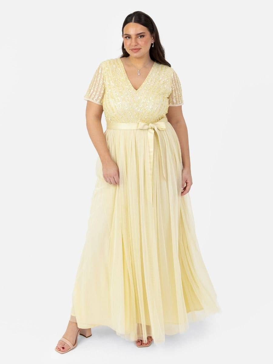 Maya Deluxe Maya Deluxe Women's Belted Stripe Embellished Maxi Dress in Yellow - 4