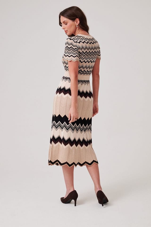 Klass. Klass. Women's Metallic Chevron Knitted Midi Dress in Light Beige - 3