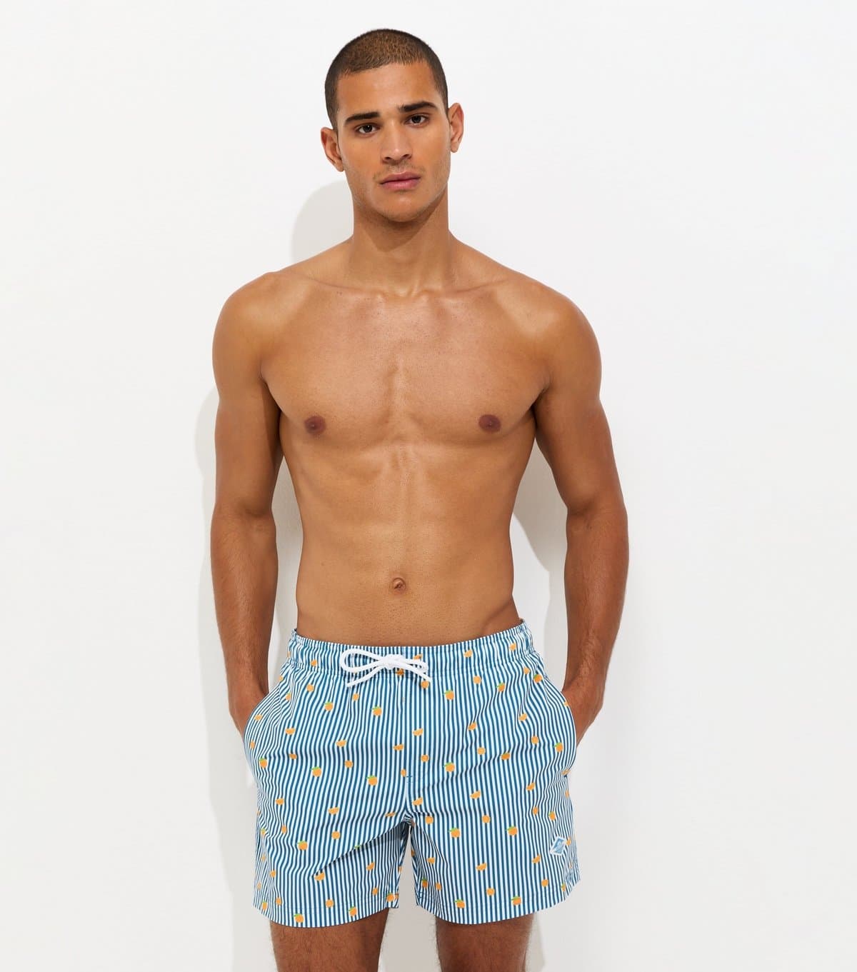 jack & jones Men's Bright Blue Regular Fit Orange Stripe Print Swim Shorts Jack & Jones New Look