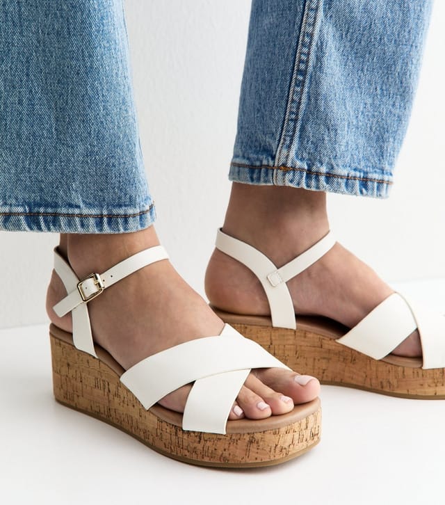 New Look Women's Wide Fit White Faux Leather Cork Platform Sandals Vegan New Look - 2