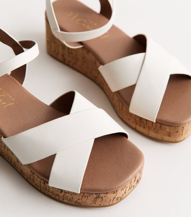 New Look Women's Wide Fit White Faux Leather Cork Platform Sandals Vegan New Look - 3