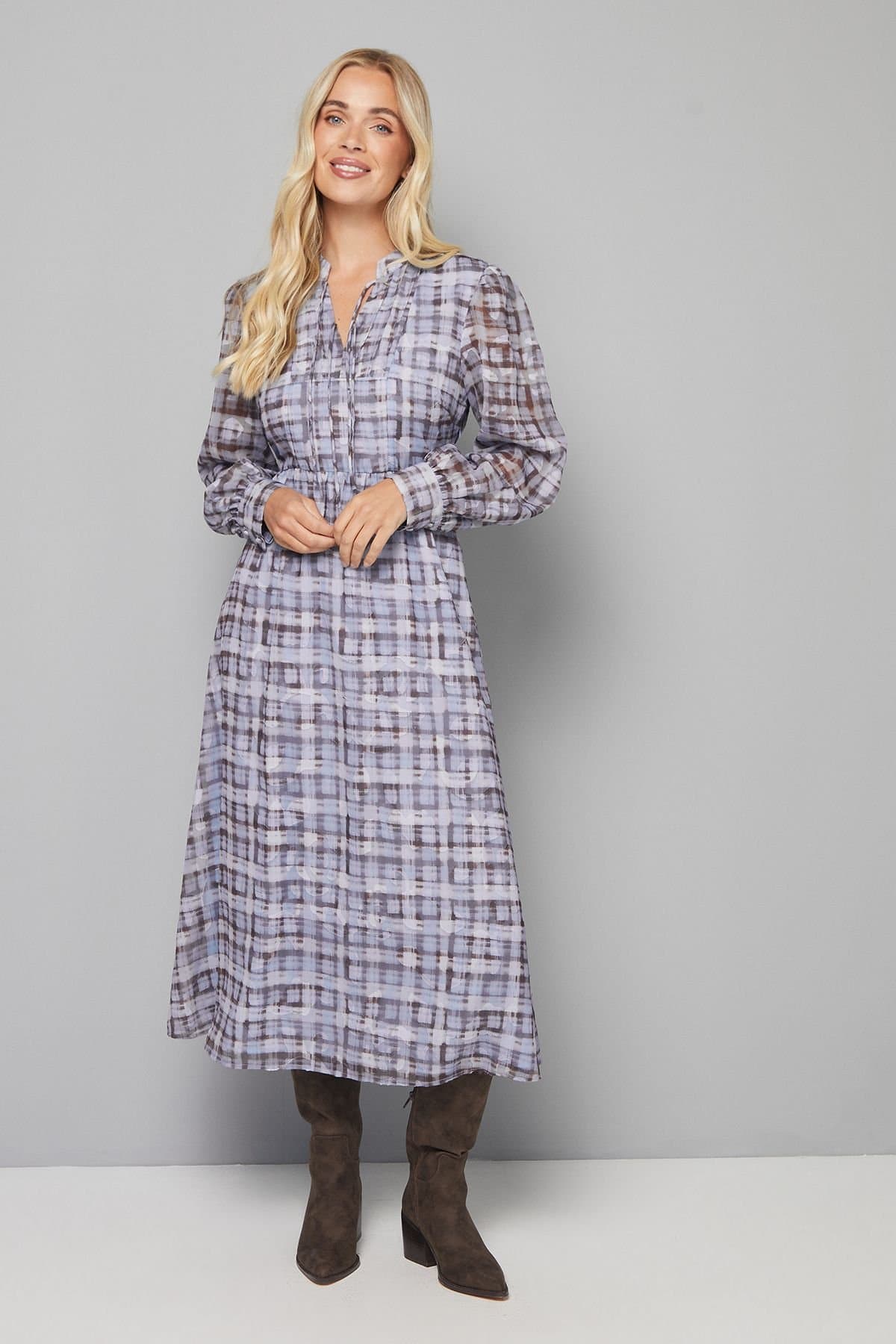 Wallis Wallis Women's Petite Check Burn Out Tie Front Midi Dress in Blue