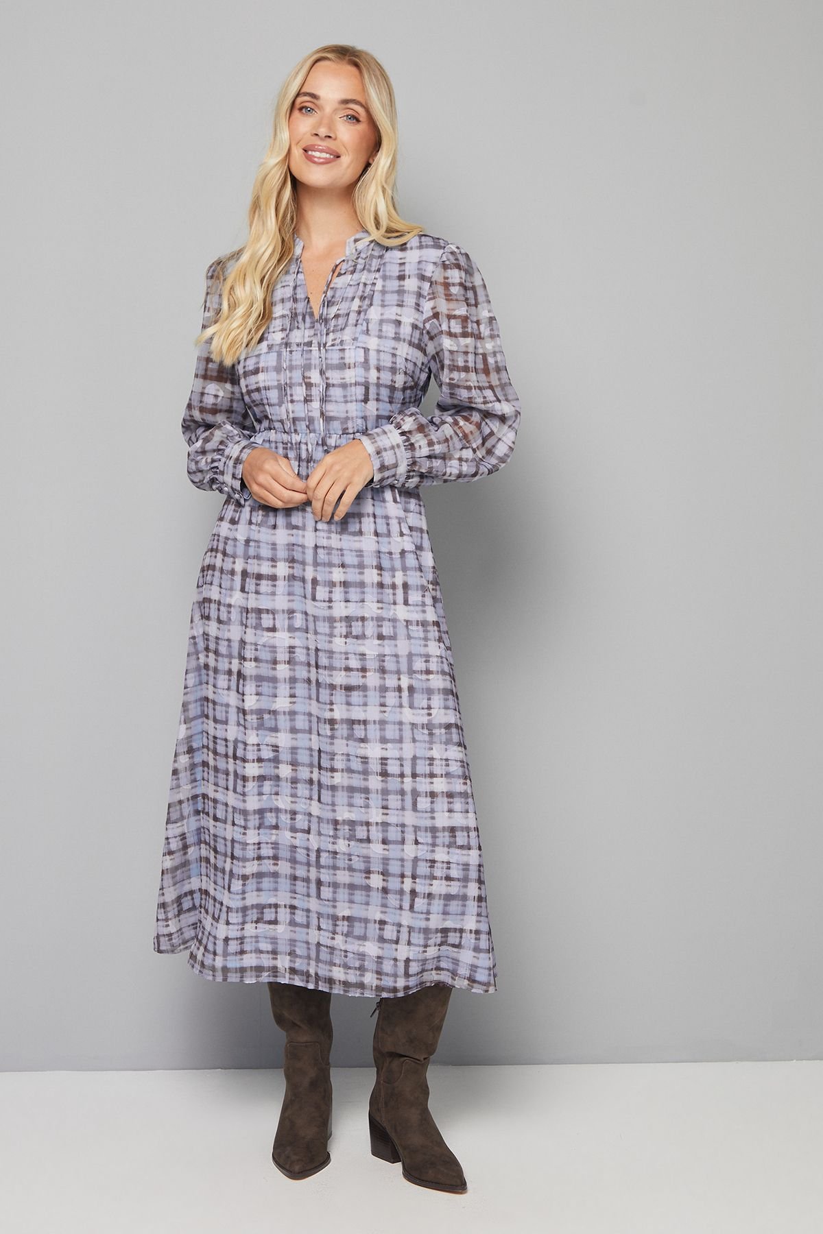 Wallis Wallis Women's Petite Check Burn Out Tie Front Midi Dress in Blue - 2