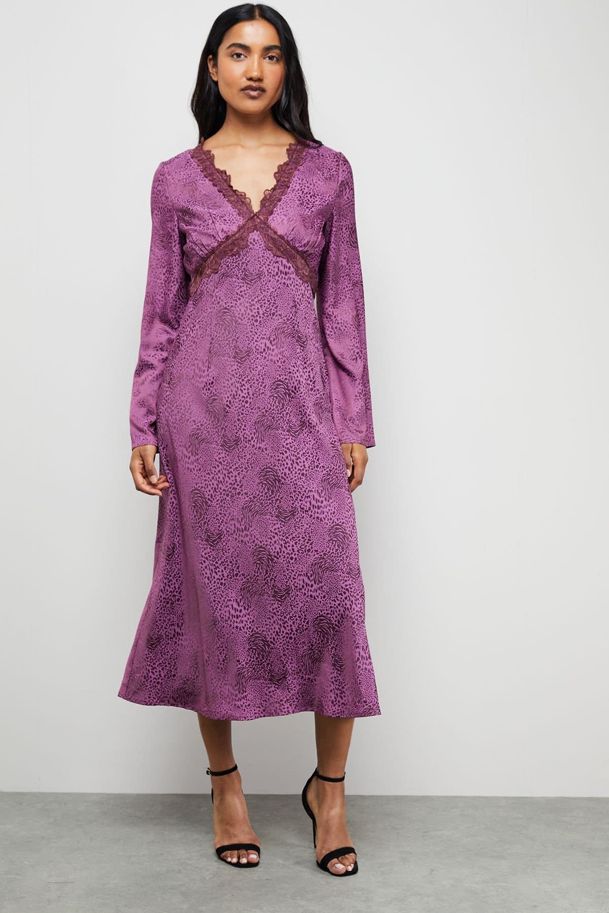 Warehouse Warehouse Women's Satin Jacquard Lace Insert Godet Midi Dress in Animal