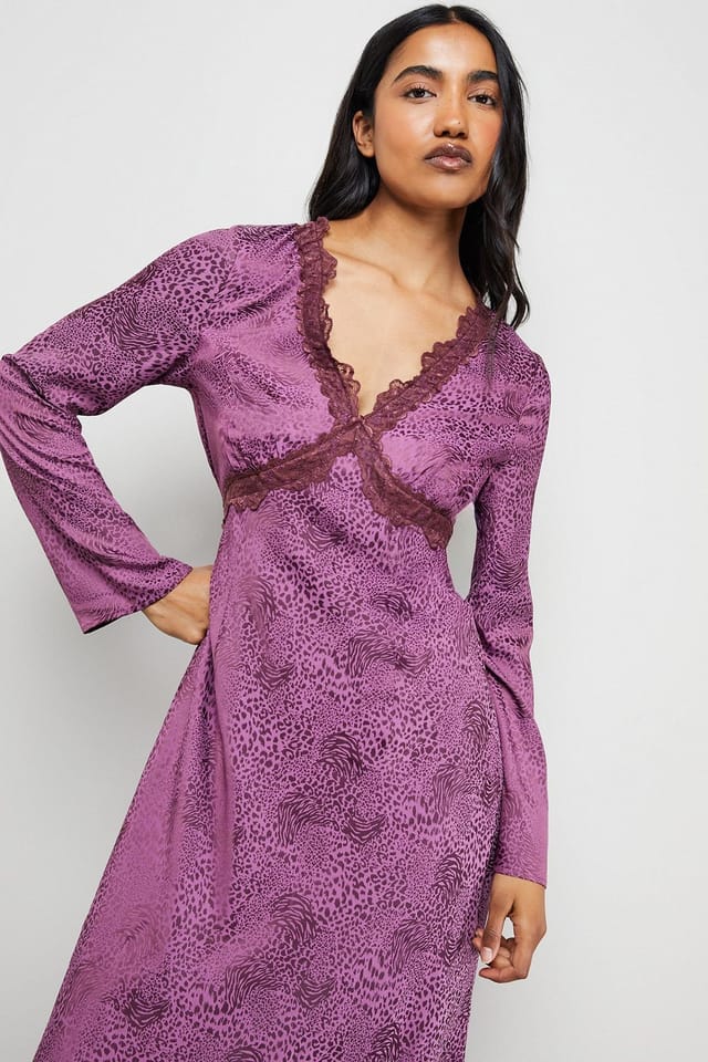 Warehouse Warehouse Women's Satin Jacquard Lace Insert Godet Midi Dress in Animal - 2
