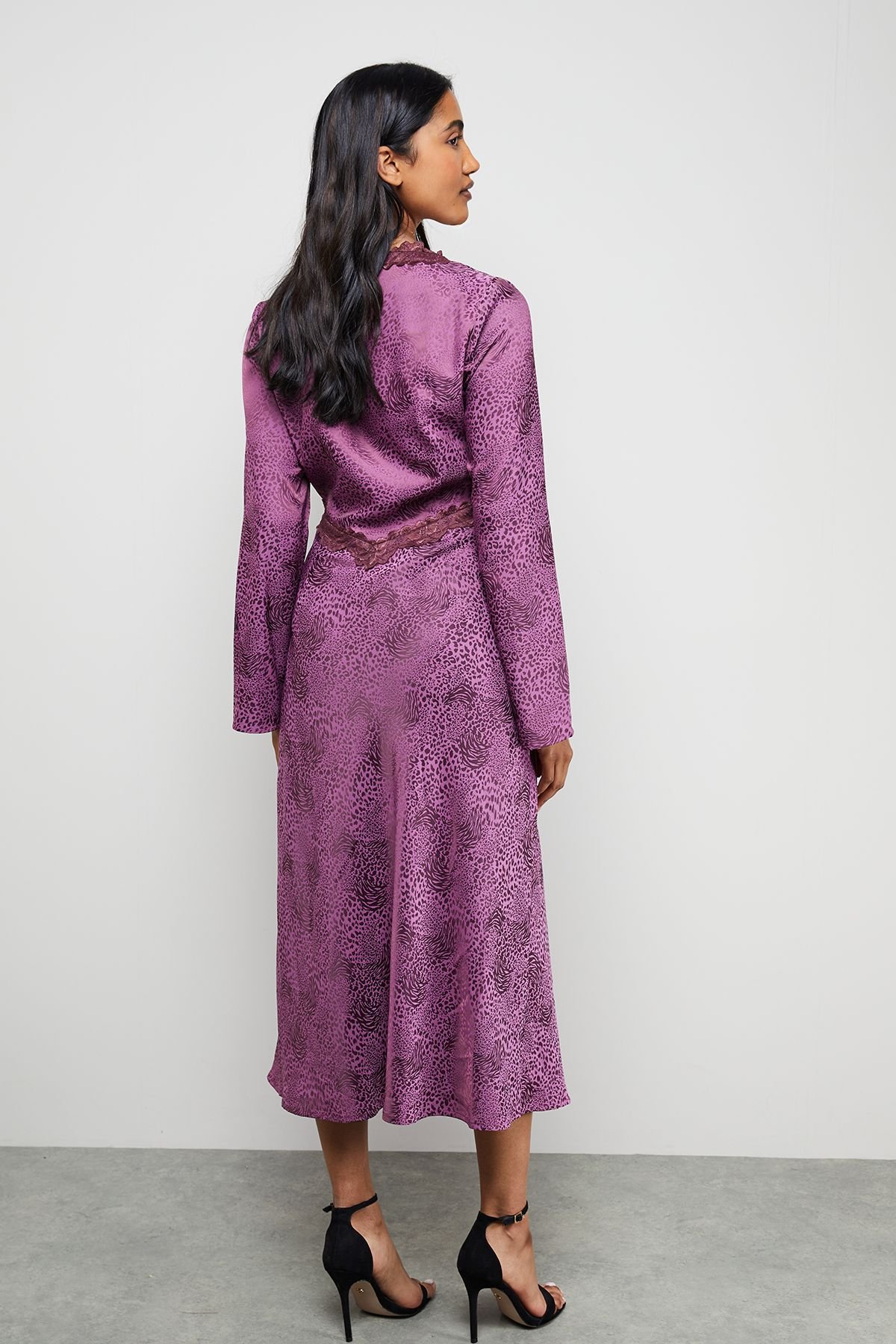 Warehouse Warehouse Women's Satin Jacquard Lace Insert Godet Midi Dress in Animal - 3