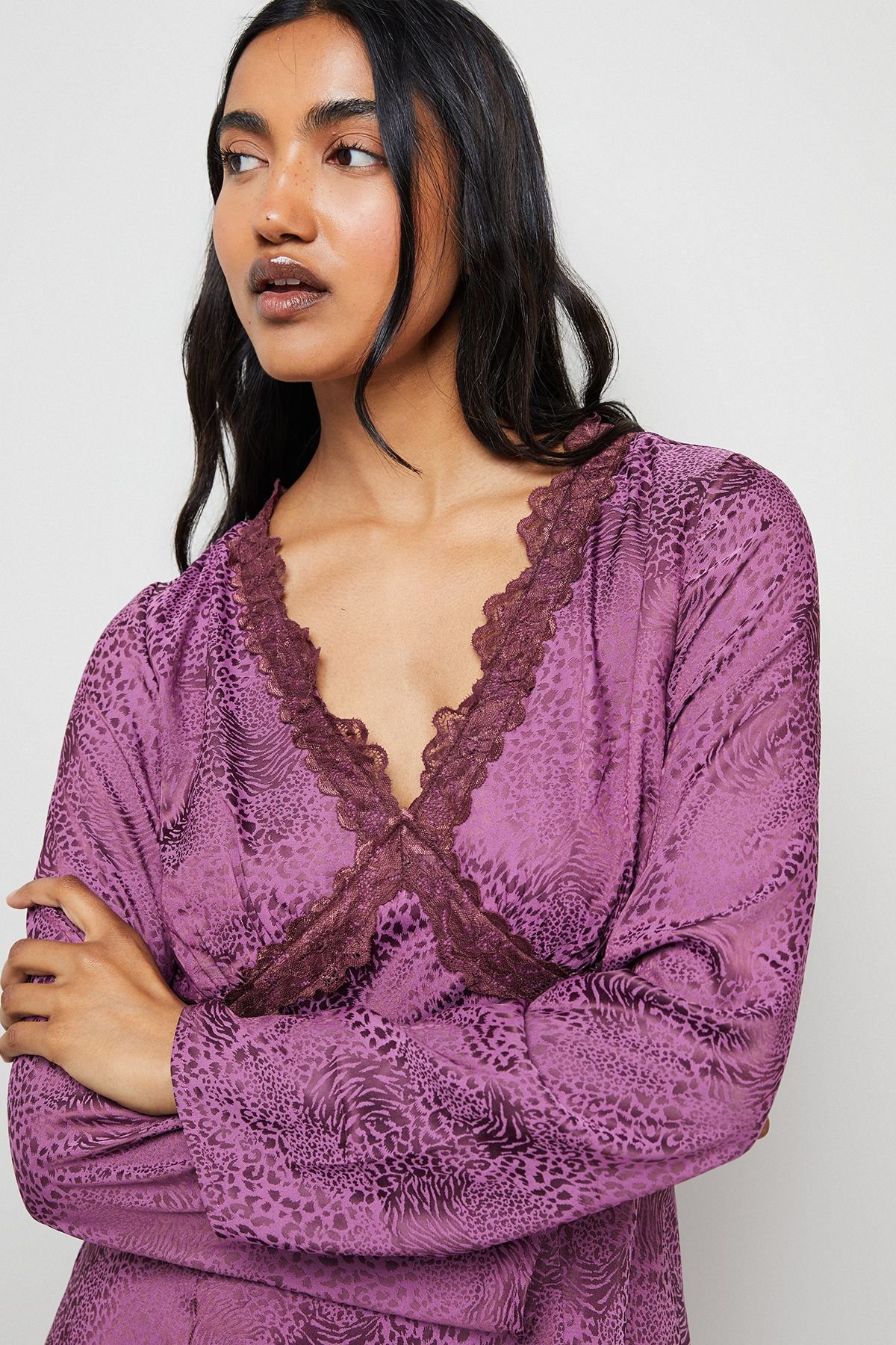 Warehouse Warehouse Women's Satin Jacquard Lace Insert Godet Midi Dress in Animal - 4