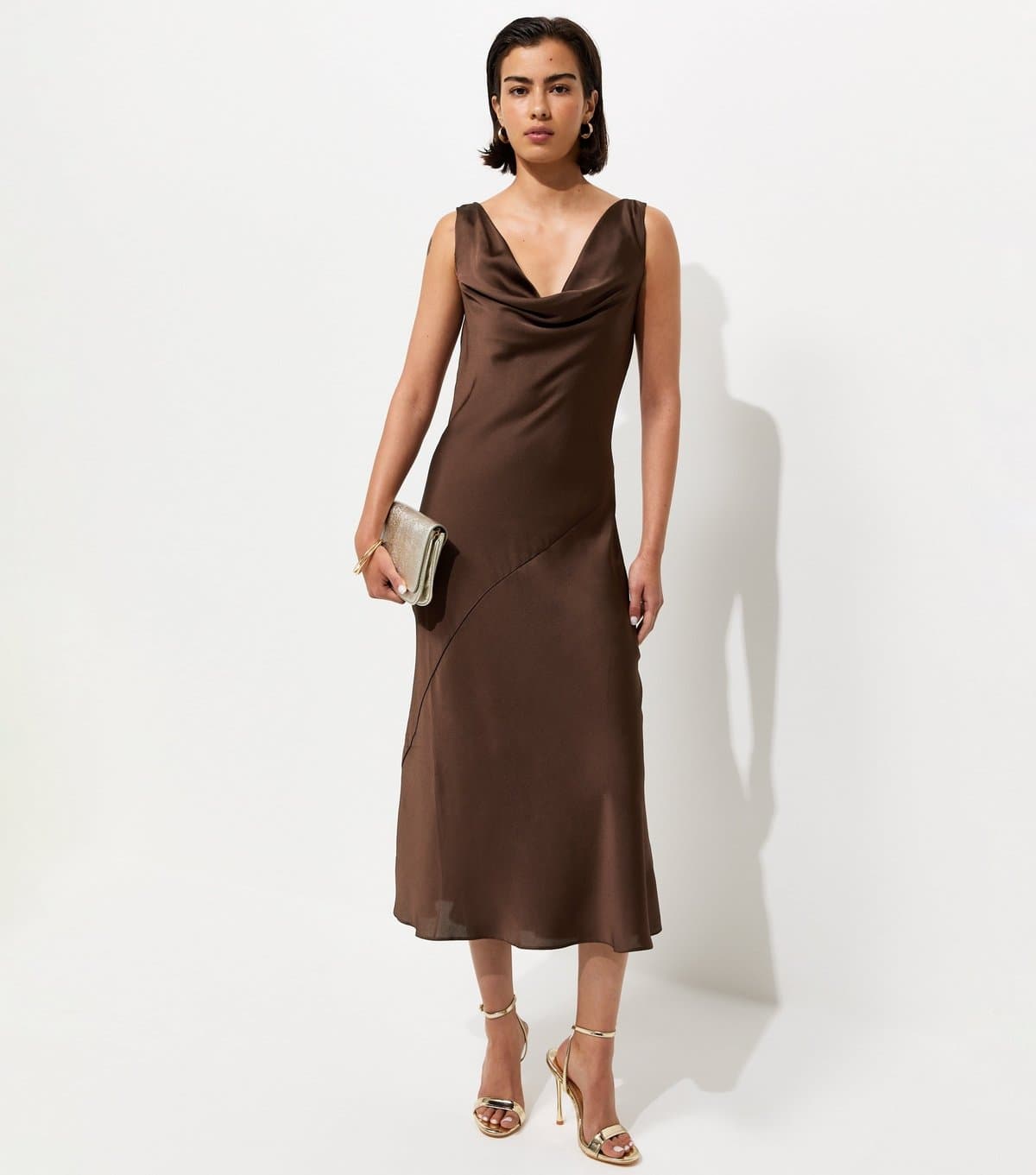 New Look Women's Dark Brown Satin Cowl Neck Sleeveless Maxi Dress New Look