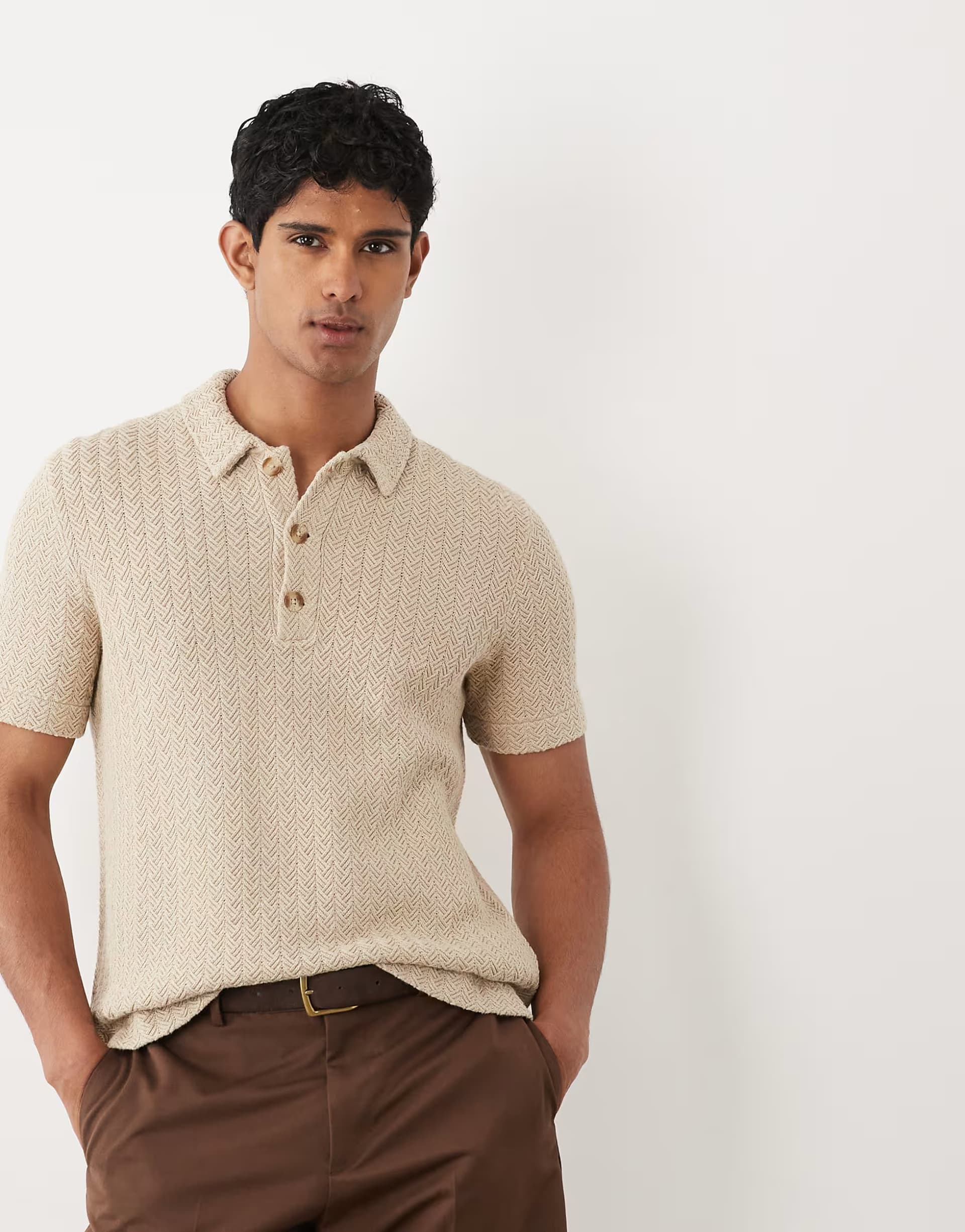 ASOS Abercrombie & Fitch short sleeve knitted polo in light brown