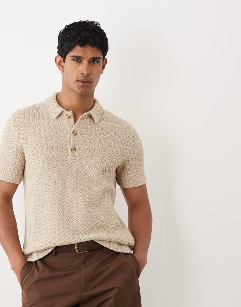 ASOS Abercrombie & Fitch short sleeve knitted polo in light brown - 1