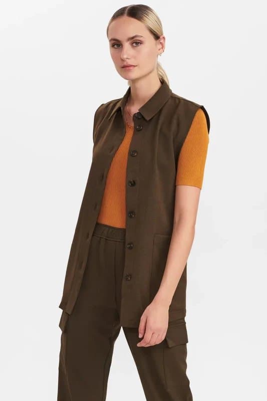 Nümph Numph Nuwilly Waistcoat Size 12 NEW Dark Brown Khaki Lagenlook Layer Pockets