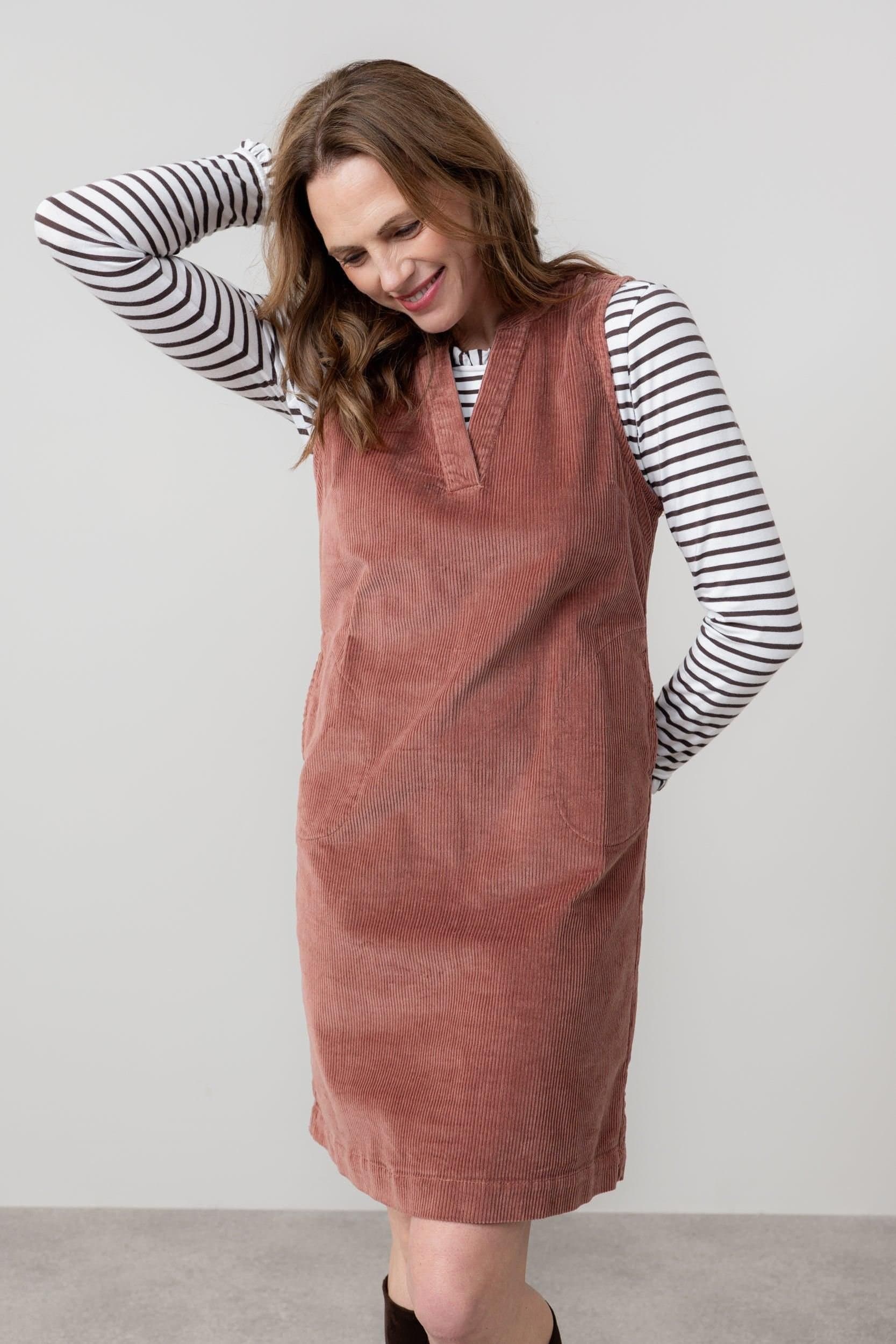 Lily & Me Lily & Me Women's Belle Stretch Cotton Jumbo Cord Knee Length Dress in Dusty Pink